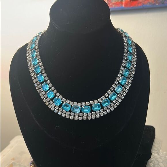 ART DECO BLUE & WHITE TOPAZ COLOR SQUARE RHINESTONE LINK COLLAR NECKLACE - Picture 1 of 5